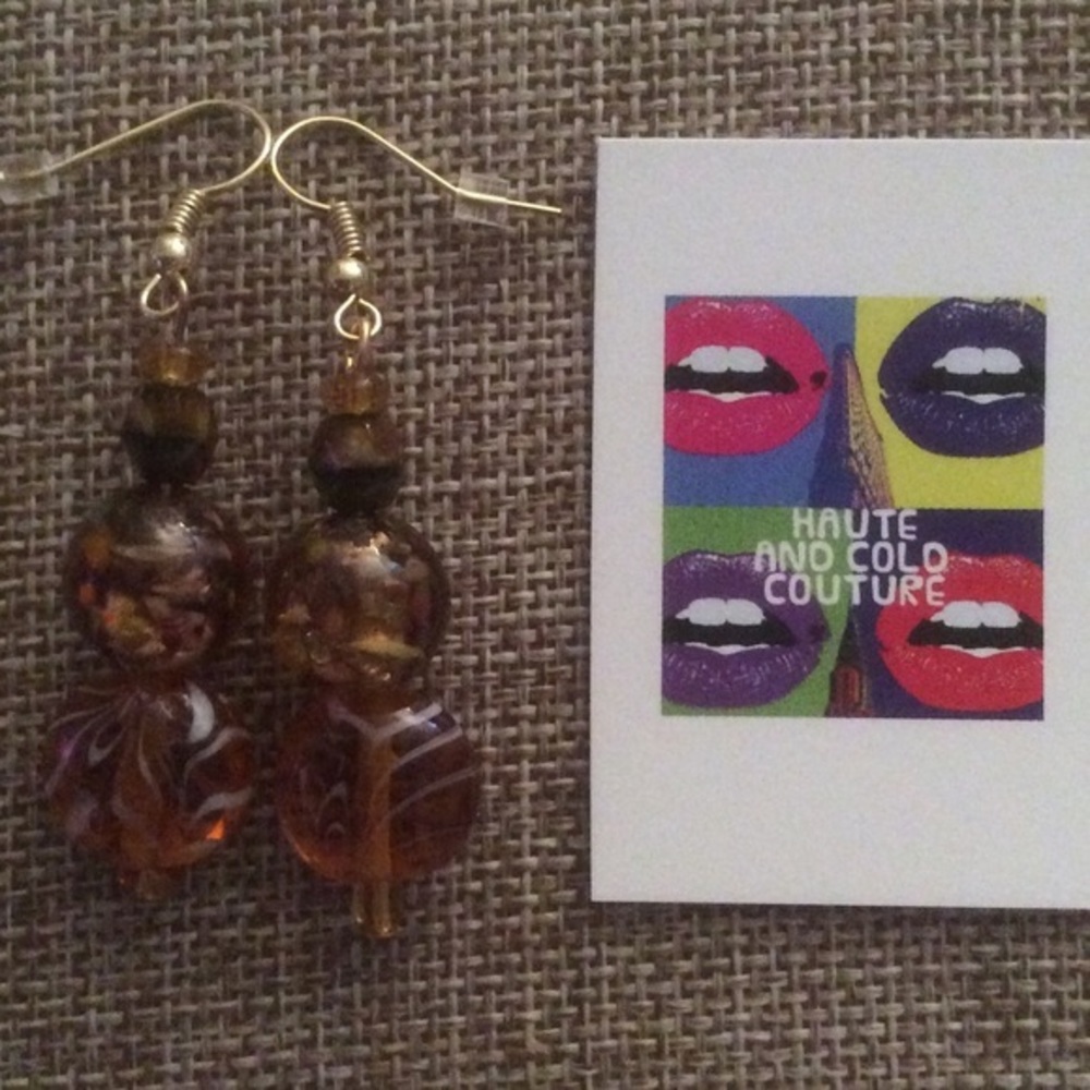 Handmade Patterned Dark Amber Glass  Earrings